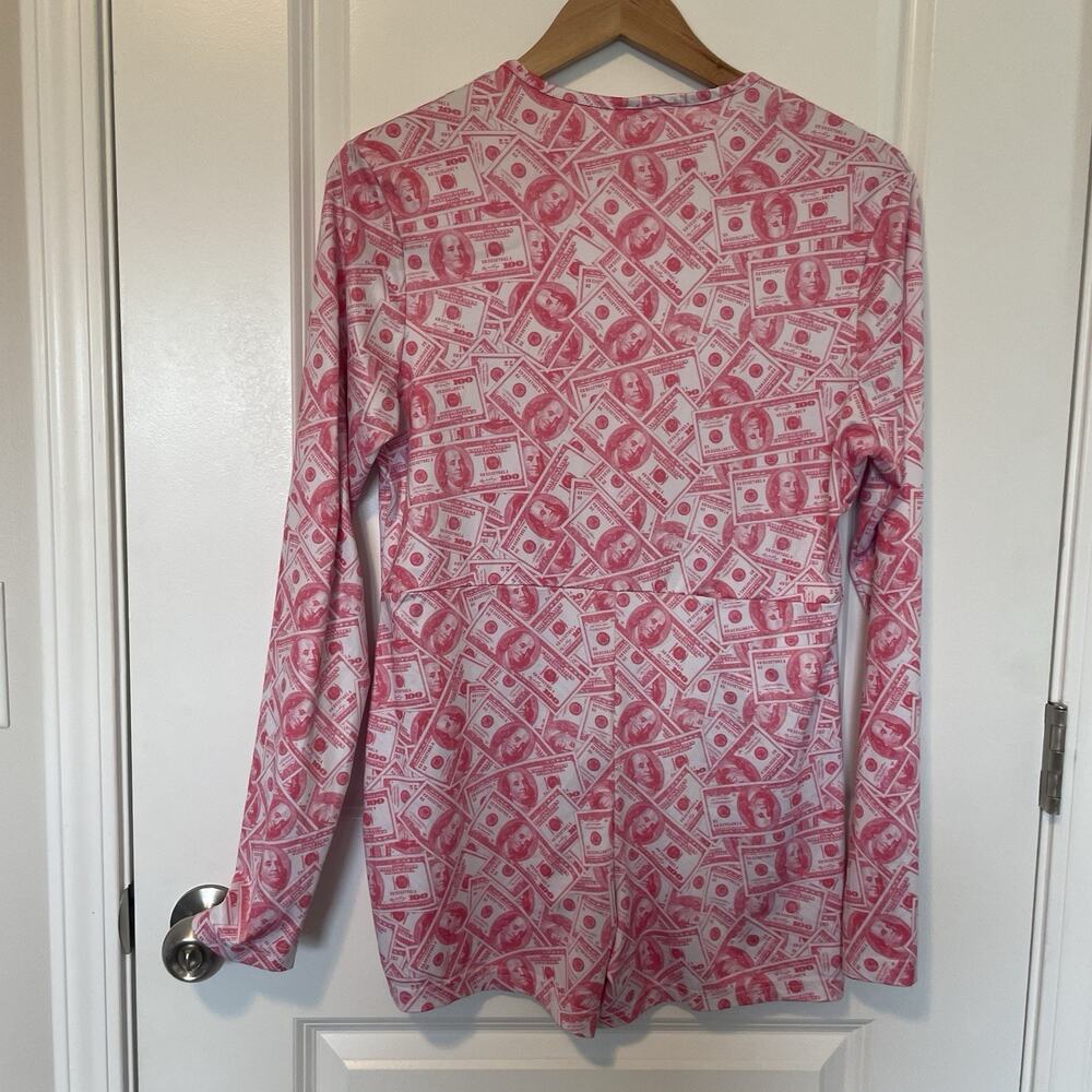 Sexy Pink Money Print Romper Bodysuit Women’s XL Club Party Stretch Bodycon - Picture 3 of 10
